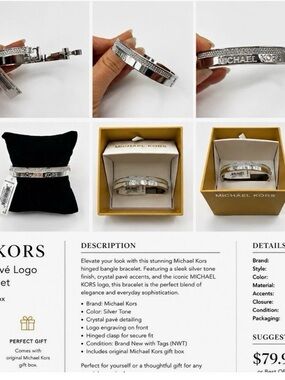 Michael Kors Silver Crystal Pavé Logo Hinged Bangle Bracelet